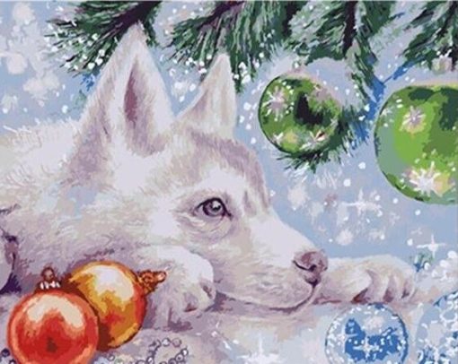Husky Dog and Christmas Baubles paint by numbers