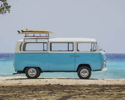 Blue And White Compact Van In The Beach Paint By Numbers