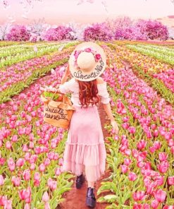 Girl In Pink Flowers Field paint by numbers