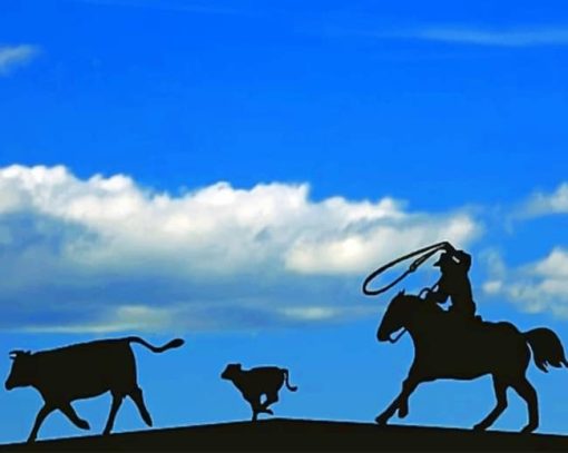Rancher Roping Cattle Silhouette Paint by numbers