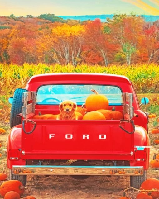 Dog And Pumpkins In A Red Truck Paint by numbers