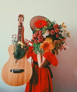 Woman Holding Flowers And Guitar Paint by numbers