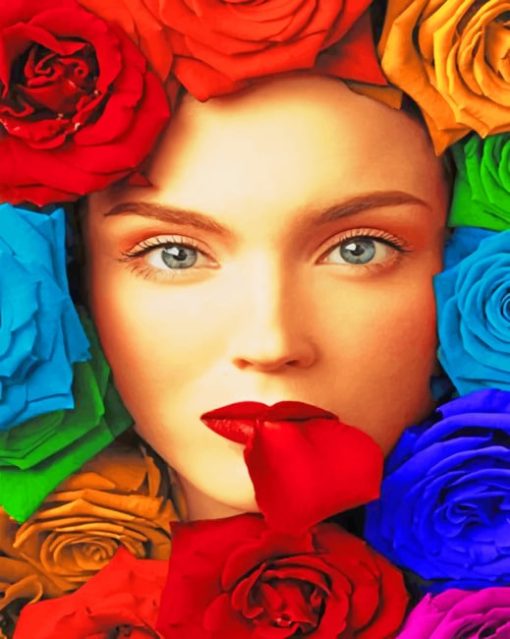 Woman With Rainbow Colors Flowers Paint by numbers