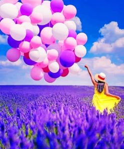 Woman In A Field Of Lavender Carrying Colorful Balloons Paint by numbers