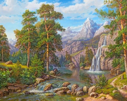 Forest Mountain Waterfall paint by number