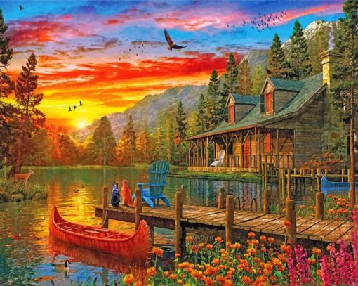 Cabin Evening Sunset paint by numbers