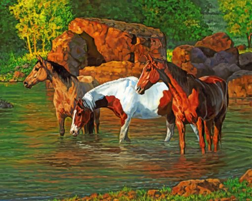 horses at the pond paint by numbers