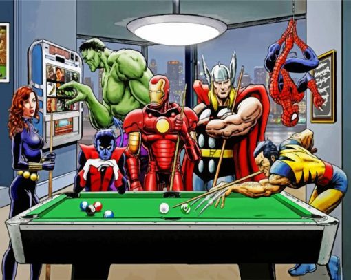 Superheroes Playing Pool Paint by numbers