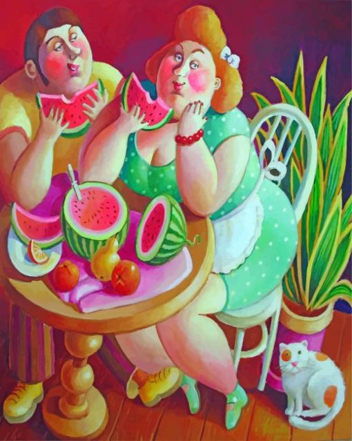 Fat Couple Eating Fruits Paint by numbers