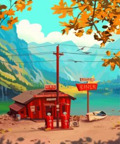 gas-station-by-lake-paint-by-numbers