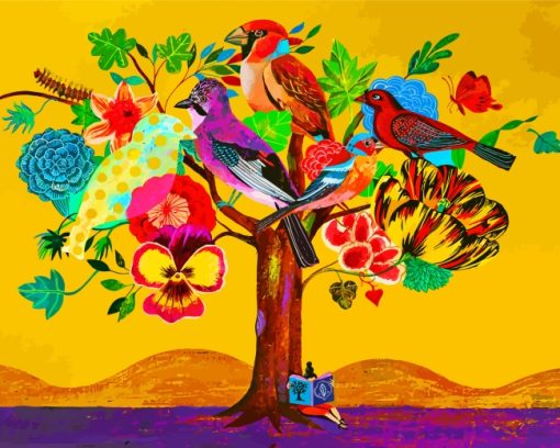 Birds Flowers Tree Paint by numbers