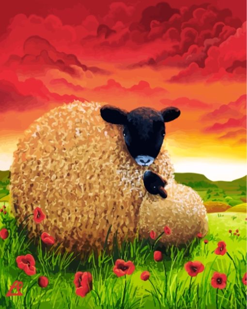 Sheep In Poppy Field Paint by numbers