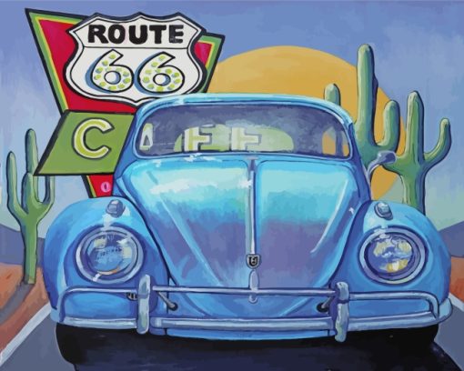 Blue Car On Route 66 Paint by numbers