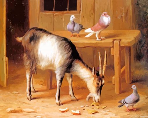 A Goat And Pigeons In A Farmyard paint by numbers