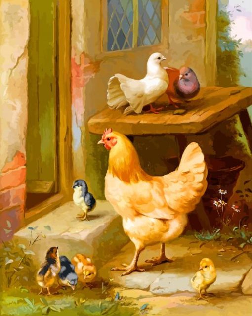 A Hen Chicks And Pigeons paint by number
