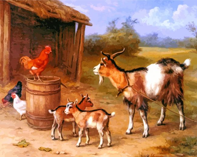 Farmyard Scene With Goats And Chickens paint by numbers