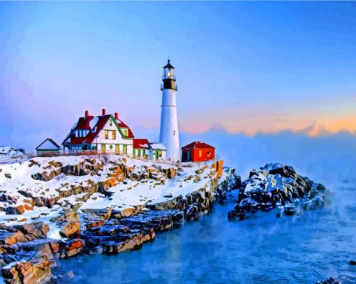 Cape Elizabeth Lighthouse In Snow paint by numbers