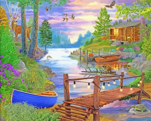 Rustic Forest Footbridge By Lake paint by numbers