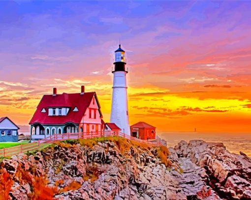 Sunset View In Portland Lighthouse paint by numbers