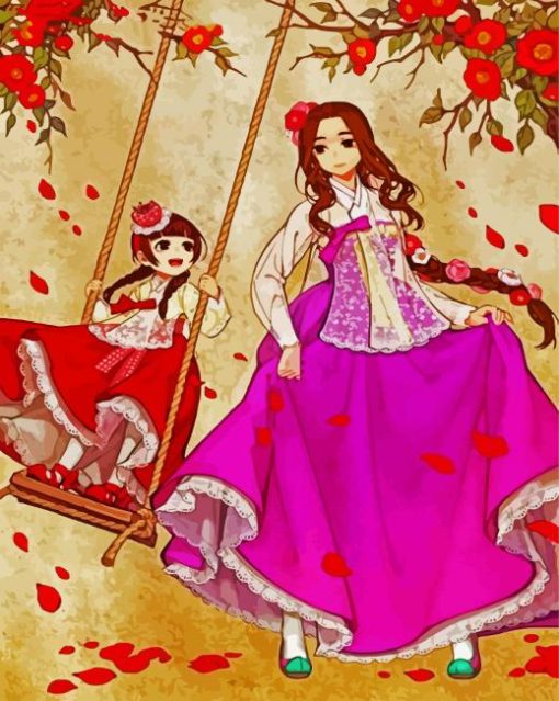Woman And Dughter Wearing Hanbok paint by numbers