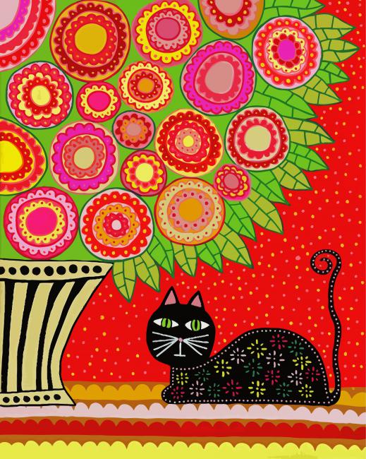 Cat And Flowers Folk Art - Paint By Number - Paint by Numbers for Sale